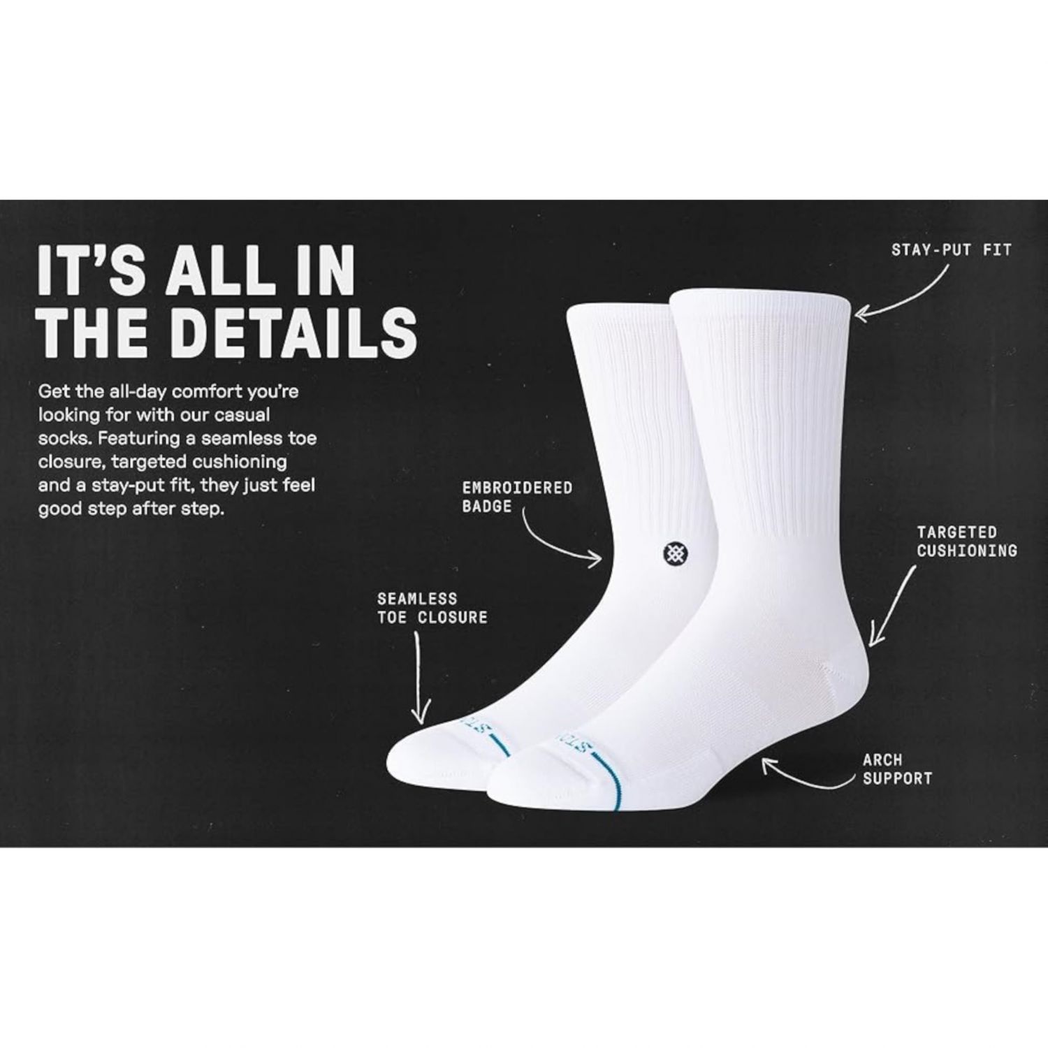 Stance Icon Crew Socks 3-Pack for Men and Women,Cotton Blend Medium Cushioning Arch Support, Dark Grey, Medium