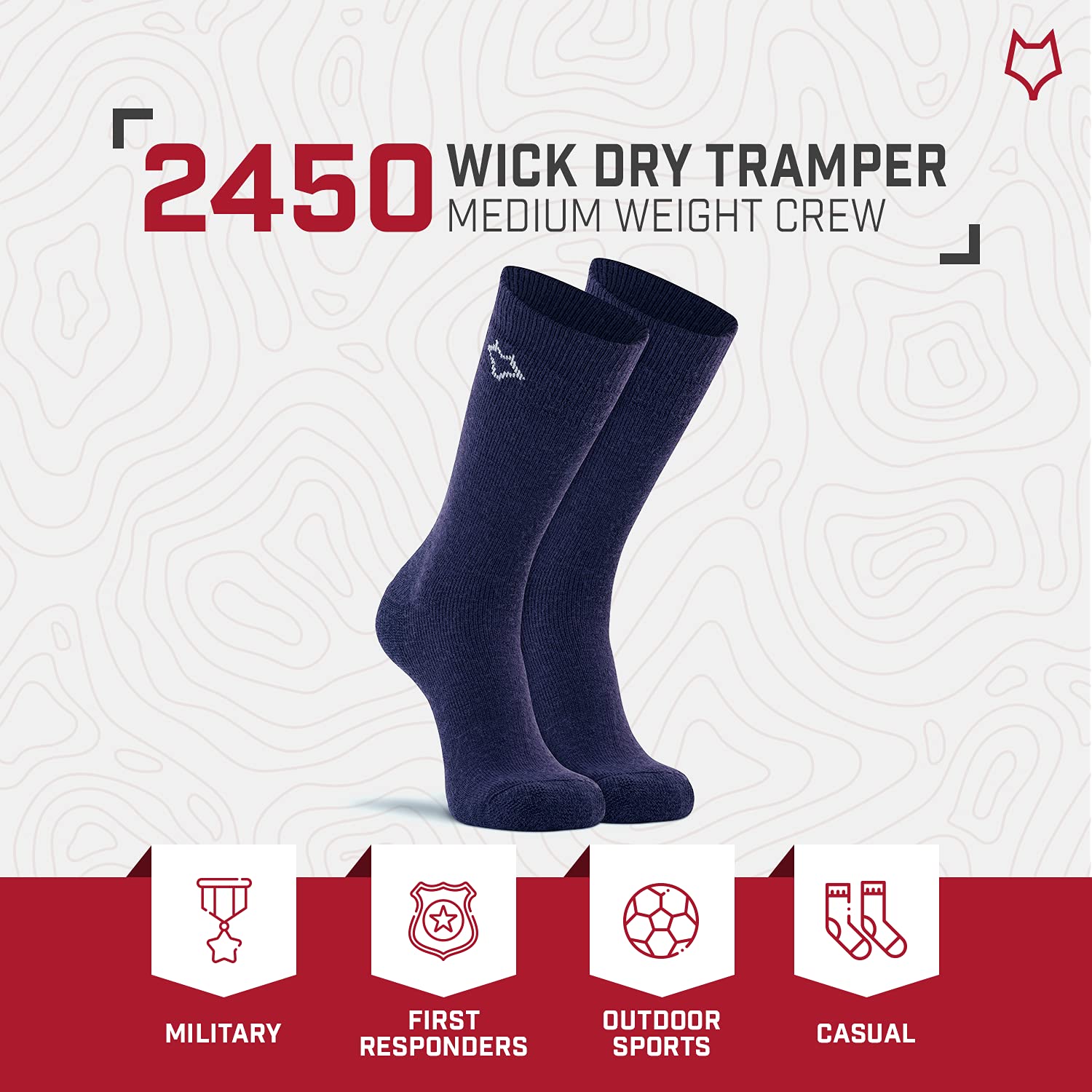 FoxRiver boys Wick Dry Tramper Medium-weight Outdoor Crew hiking socks, Navy, Large
