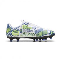 PUMA Unisex-Child Christian Pulisic Legacy Ultra Firm, Artificial Ground Soccer Cleats, White-Lake Blue-Yellow Alert AH25, 11, Big Kid
