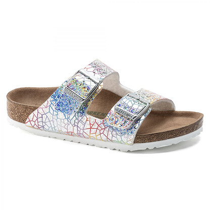 BIRKENSTOCK Kids' Arizona Vegan Flashy Hologram Silver Microfiber Sandal - 1022173
