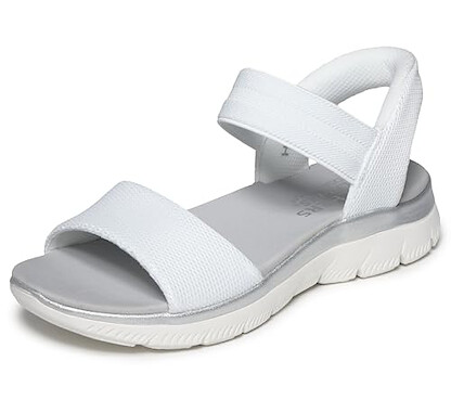 Skechers Women's SUMMITS SANDAL - ELEGANT EDGE Hands Free Slip-Ins, Slip-In Sandals with Yoga Foam Cushioned Footbed, White/Silver, 7.5M