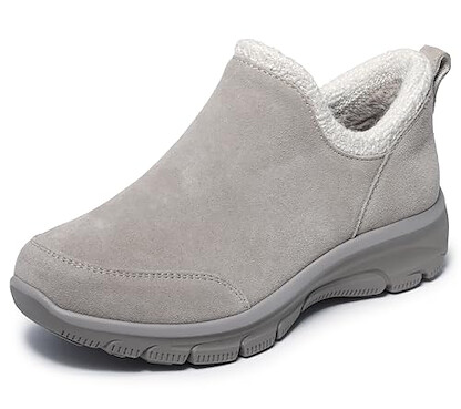 Skechers Women's EASY GOING - SWEET BEHAVIOR, Scooped chenille collar suede bootie, Taupe, 6M