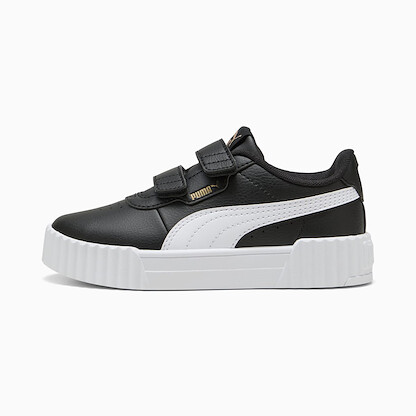 Puma Unisex Little Kids' Carina Hook and Loop Shoes, Black-White-Gold